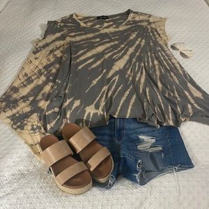 Bohemian tye dye flowing asymmetrical hem tunic top shirt cream beige fabrik